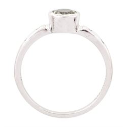 9ct white gold csarite and diamond ring, single round cut csarite with two rubover set diamonds set either side, Birmingham 2016