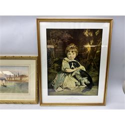 Italian school (20th century); Venetian Gondolier Scene, watercolor unsigned, together with colour print after Josepha Reynolds and black and white print of St.Hilda's Hartlepool (3)