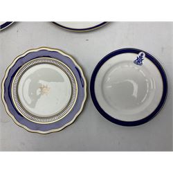 Collection of Regimental dinner wares, Comprising Royal Sussex; two dinner plates, two side plates and a soup bowl, Royal Leicestershire; two dinner plates, East Yorkshire Regiment side plate and Gordon Highlanders side plate, all decorated with the regiment's crests and blue and gilt boarders (9)