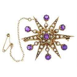 Victorian style 9ct gold amethyst and pearl star brooch, London 1970
