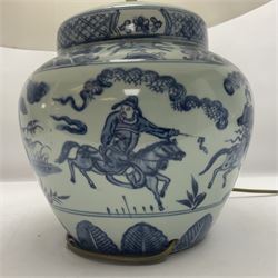 Blue and White table lamp of baluster form, decorated with warriors, with lampshade, H53cm