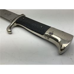 German Hitler Youth dagger the 14cm steel blade by Eickhorn Solingen inscribed Blut und Ehre and marked RZM M 7/66, chequered black grip with inset enamel diamond shaped insignia; in steel scabbard with leather frog L27cm overall