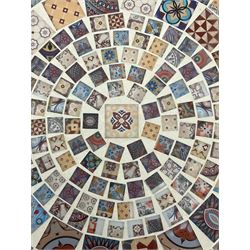 Black painted metal bistro set, circular table with mosaic top, and pair of folding chairs with mosaic panels 