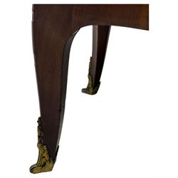 Early 20th century French style vitrine, with shaped breccia marble top above a single glazed door enclosing three shelves, the serpentine front and canted corners with kingwood and rosewood veneers, mounted with gilt metal ormolu mounts and sabots, raised on slender cabriole legs