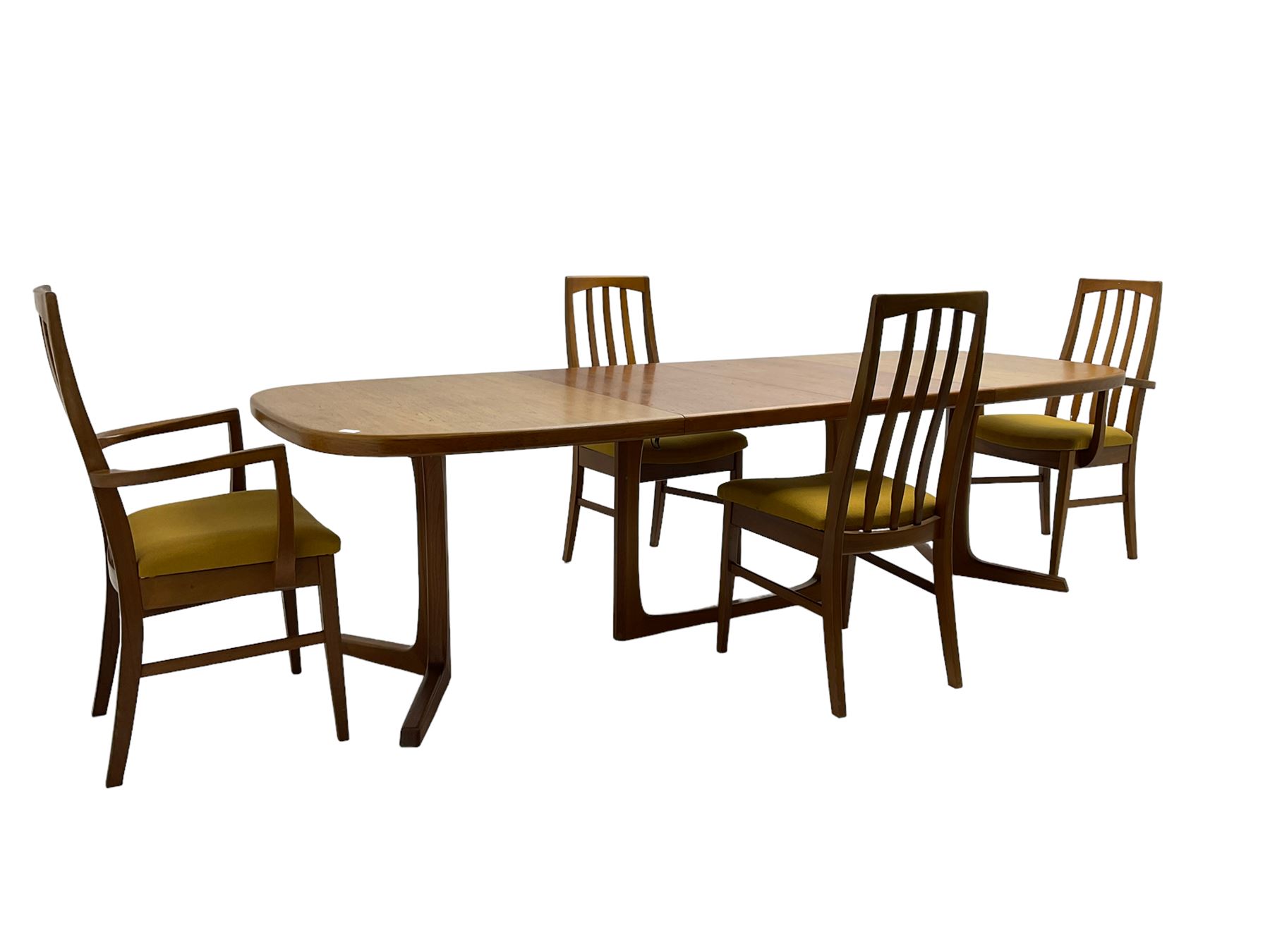 Oluf Theodore Larsen for NMB - mid-20th century teak extending dining table with two additional leaves, on splayed supports (261cm x 95cm x 73cm), and set four (2+2) mid-20th century teak dining chairs with high vertical slatted back on tapered supports (54cm x 51cm x 99cm)