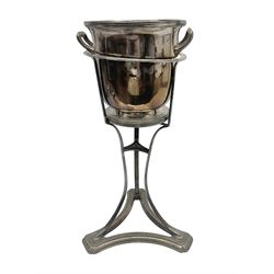 19th century Elkington & Co silver plated twin handled wine cooler and stand, raised upon three legs with a triform base, H51cm 