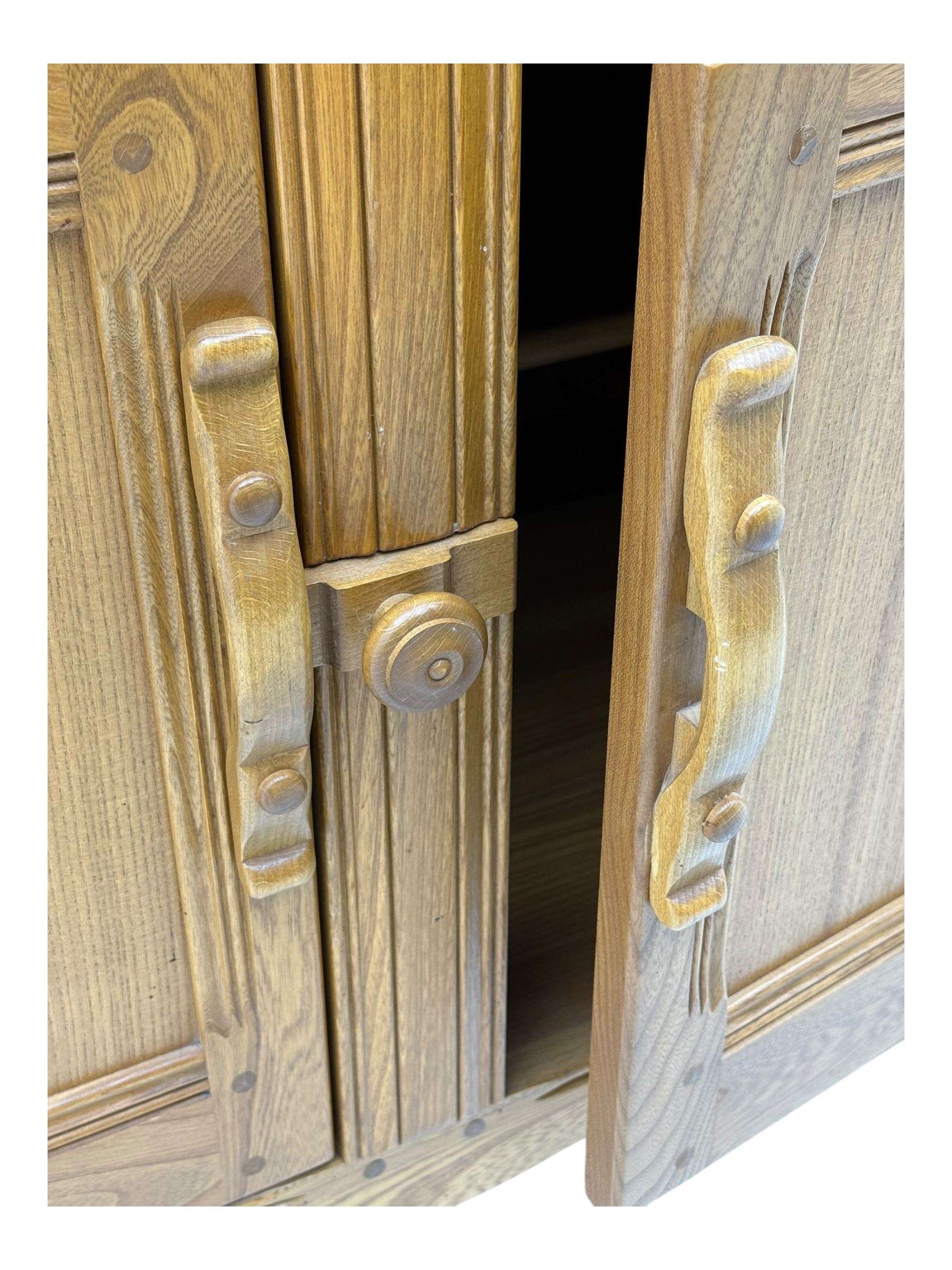 Ercol - golden dawn light elm dresser, plate rack above two drawers and two cupboard doors with sliding wooden lock mechanism 