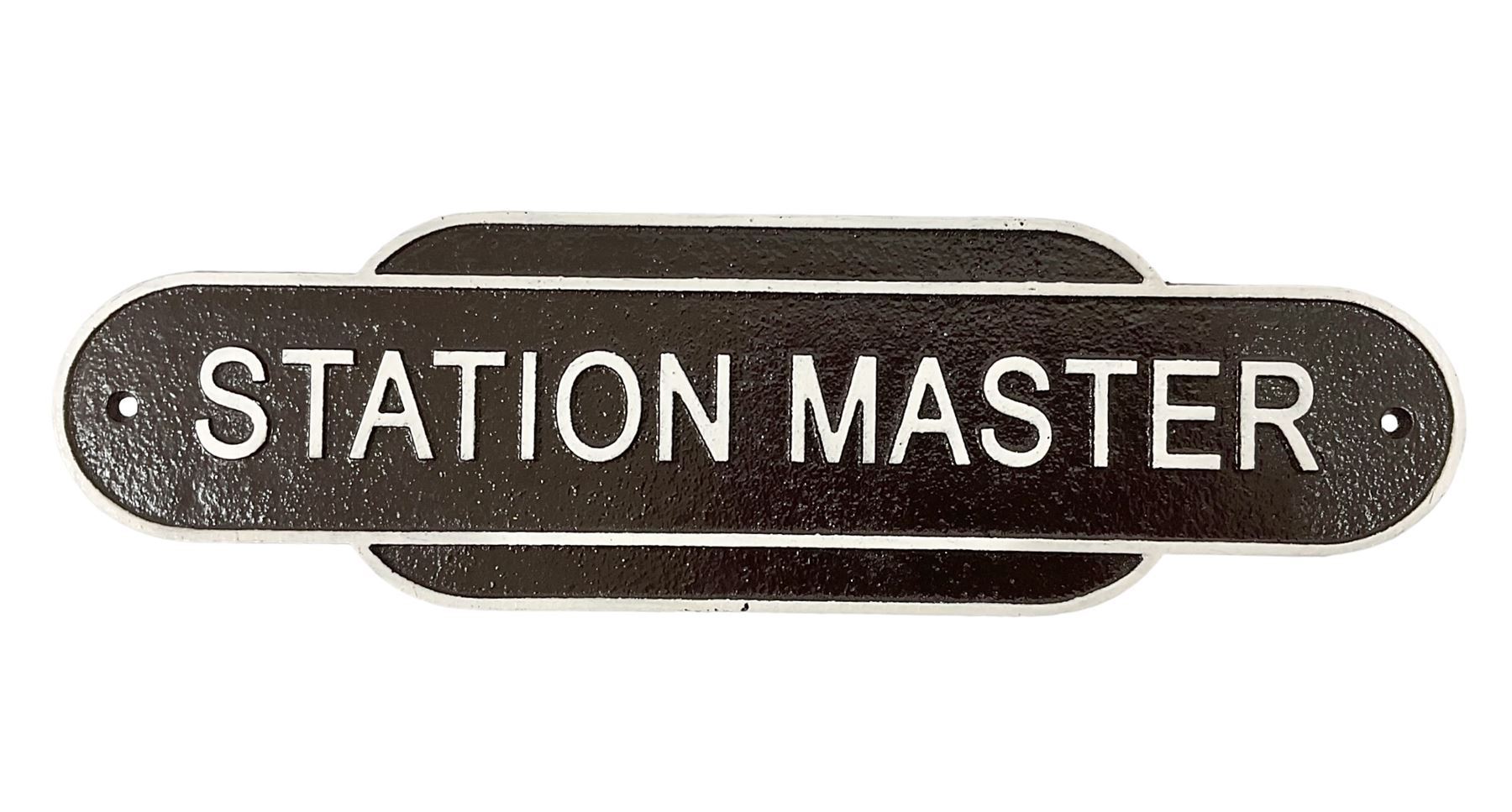 Cast iron Station Master wall plaque on a brown ground, L39cm
