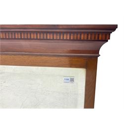 Edwardian mahogany rectangular wall mirror, the moulded cornice with chequered inlay, bevelled glass plate