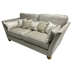 Oak Furnitureland - three-piece lounge suite upholstered in grey fabric, large three-seat sofa (W238cm, D106cm), two-seat sofa (W209cm), and snuggler sofa (W129cm)