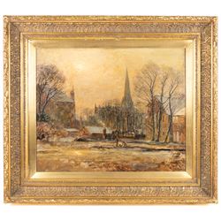 Herbert F Royle (British 1870-1958): 'Winter Sunset - Sefton', oil on canvas signed, titled verso 50cm x 60cm 
Notes: the church in the background is the Church of St Helen; to the left is Sefton Mill, now demolished, and the building to the right is now The Punchbowl pub.