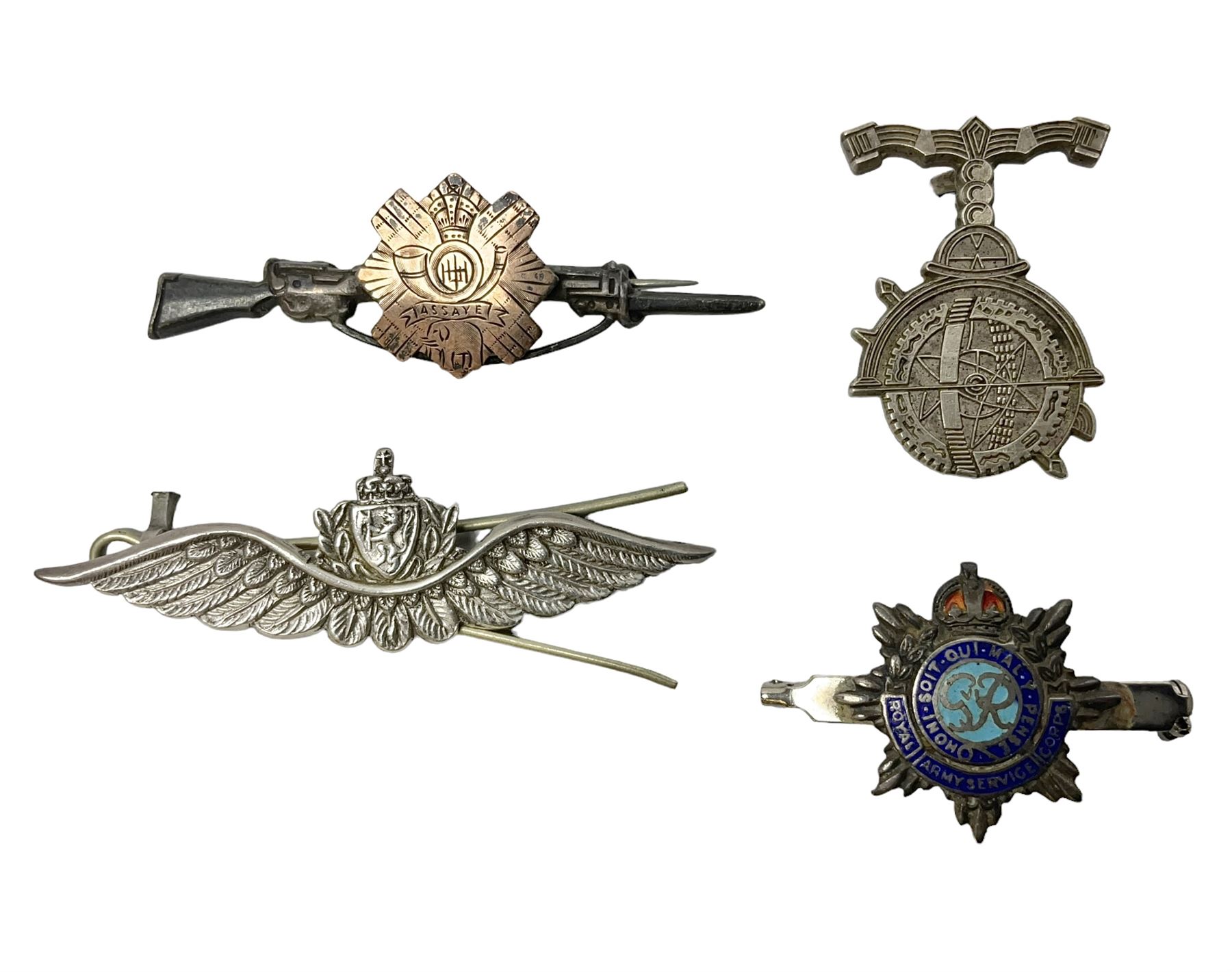 Popski's Private Army sterling silver cap badge; and two silver sweetheart brooches for Highland Light Infantry as a rifle and silver gilt Glengarry badge and Army Service Corps with blue enamel; and another silver badge (4)