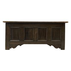 18th century design oak coffer, four panel hinged lid over four panel front, panelled sides, on stile supports with shaped brackets 