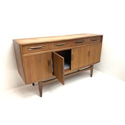 G-Plan teak sideboard, central long drawer above double cupboard door, flanked by short drawer and single cupboard enclosing shelving, shaped supports and stretcher 