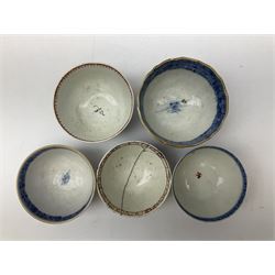 Late 18th early 19th century chinese and english tea bowls, to include one decorated with floral sprays and sprigs, another with figures within a quatrefoil panel 