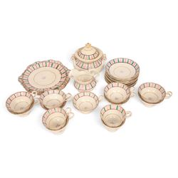 Late 19th century tea service, decorated with a green and pink strips, with internal decor...