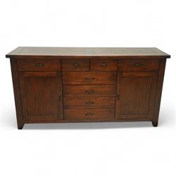 Contemporary hardwood sideboard, rectangular plain top above three short drawers and four ...