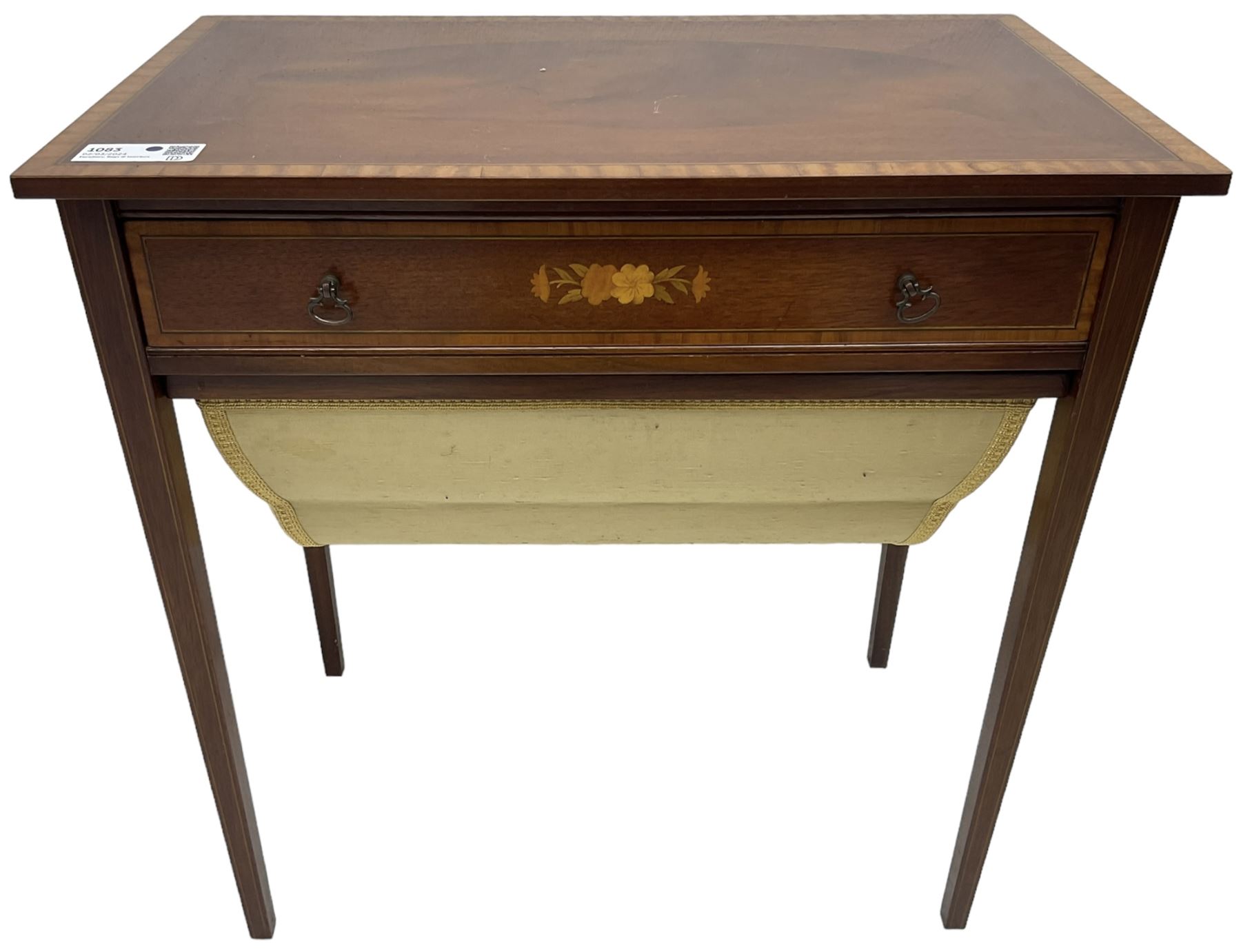 Edwardian Revival mahogany and satinwood banded sewing or work table, fitted with single drawer over upholstered sliding storage well, inlaid with extending floral decoration, on square tapering supports 