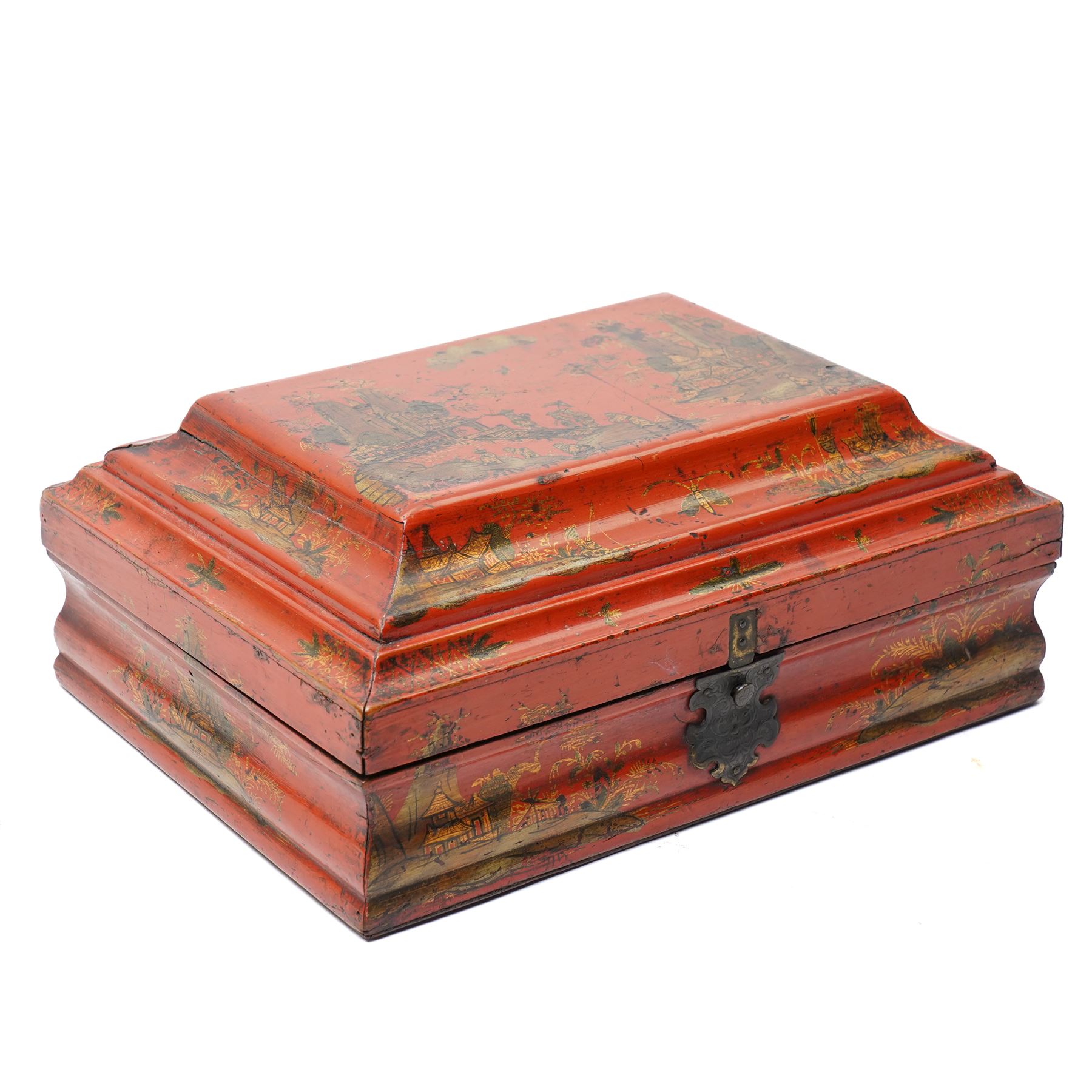 Early 19th century red lacquered chinoiserie box, painted with a traditional landscape scene and heightened in gilt, with original metal fastenings and hinges, W29cm 
