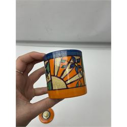 Clarice Cliff Fantasque for Wilkinson Pottery preserve pot, circa 1928, of drum form decorated in Sunray Leaves pattern, H8cm