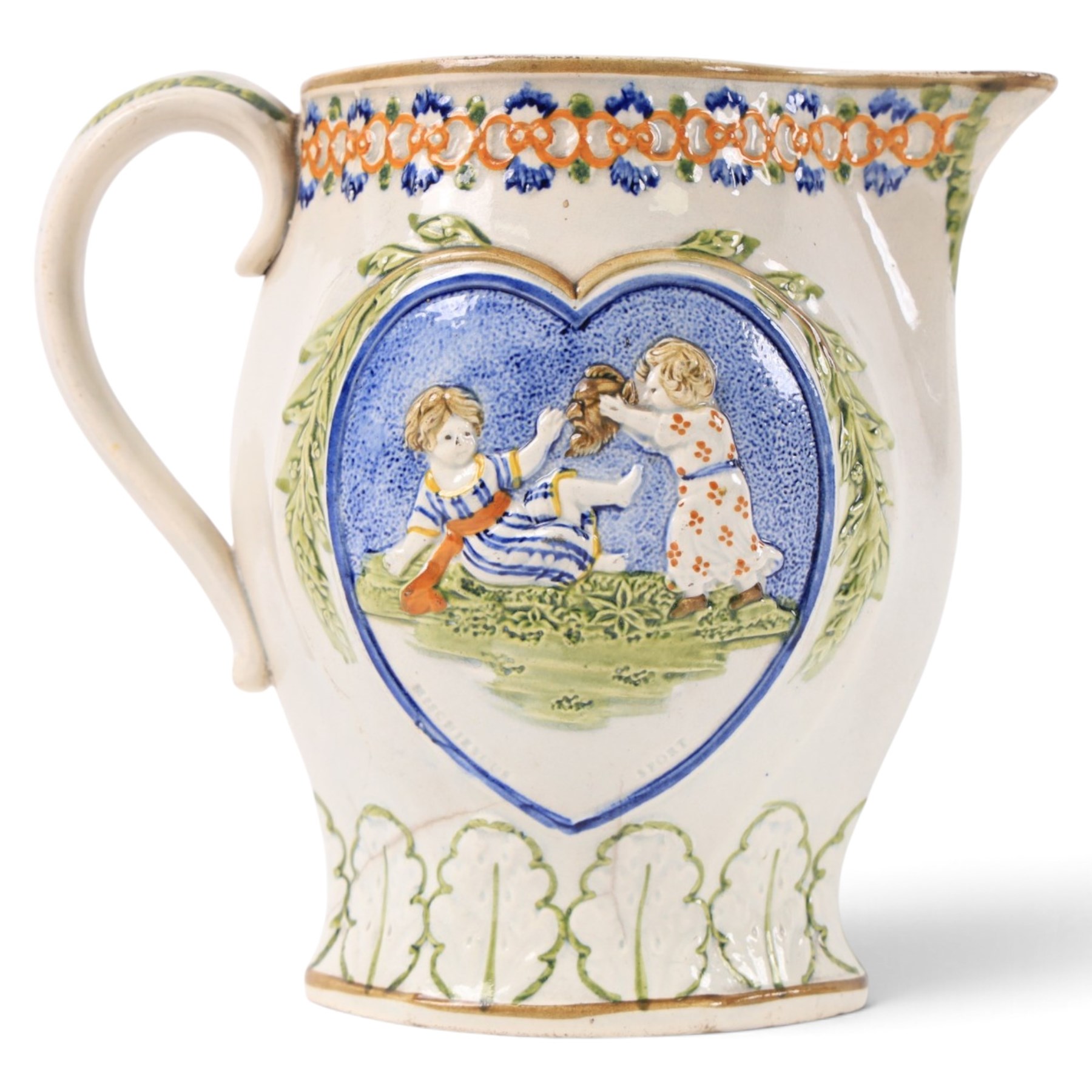 18th century South Yorkshire prattware jug, moulded in relief a band of stylised leaves,  with  'Mischievous Sport' and 'Sportive Innocence' pattern to the centre, H19cm