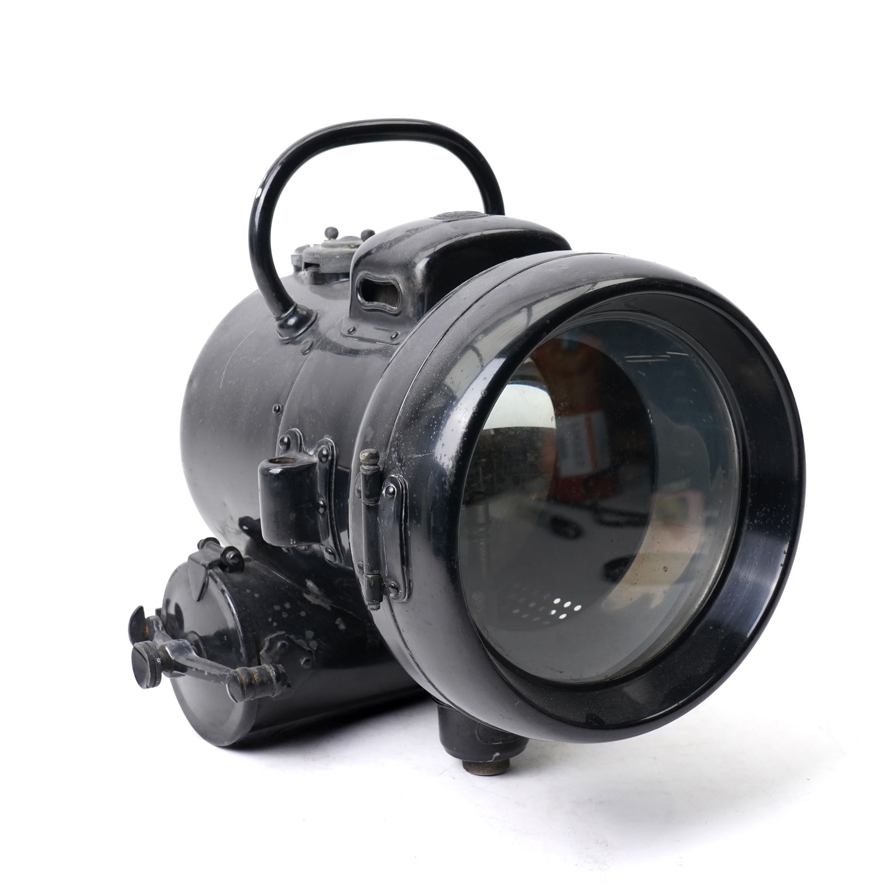  Early 20th century industrial black enamelled searchlight/signal lamp by Powell & Hanmer Birmingham L27cm