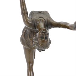  Art Deco style bronze figure of a female dancing with flame torches, raised upon marble socle base, signed F. Paris, H43cm
