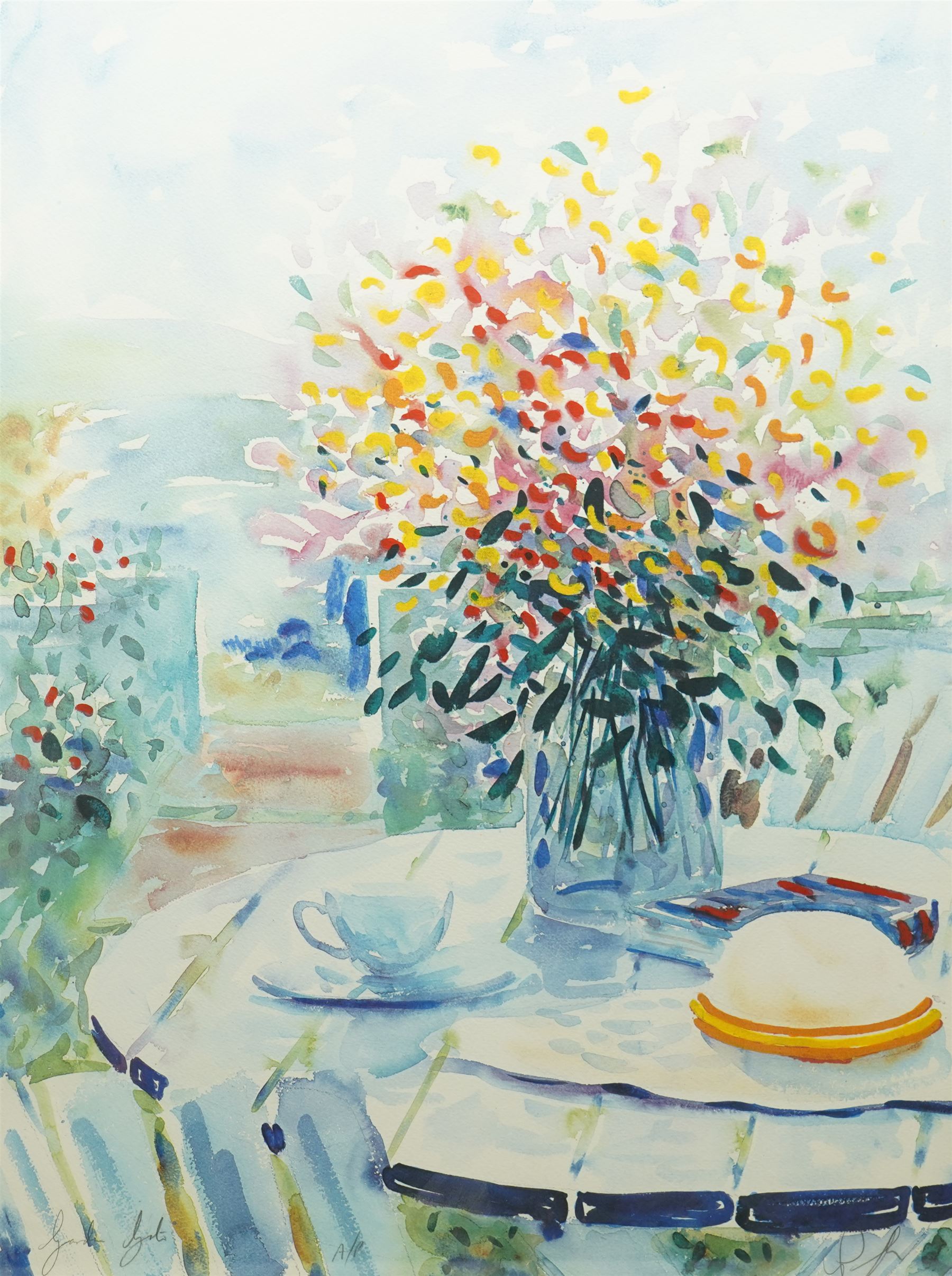 Patrick Livingstone (Irish 20th Century): Still Life of Flowers, artists proof print signed and indistinctly titled 72cm x 54cm 