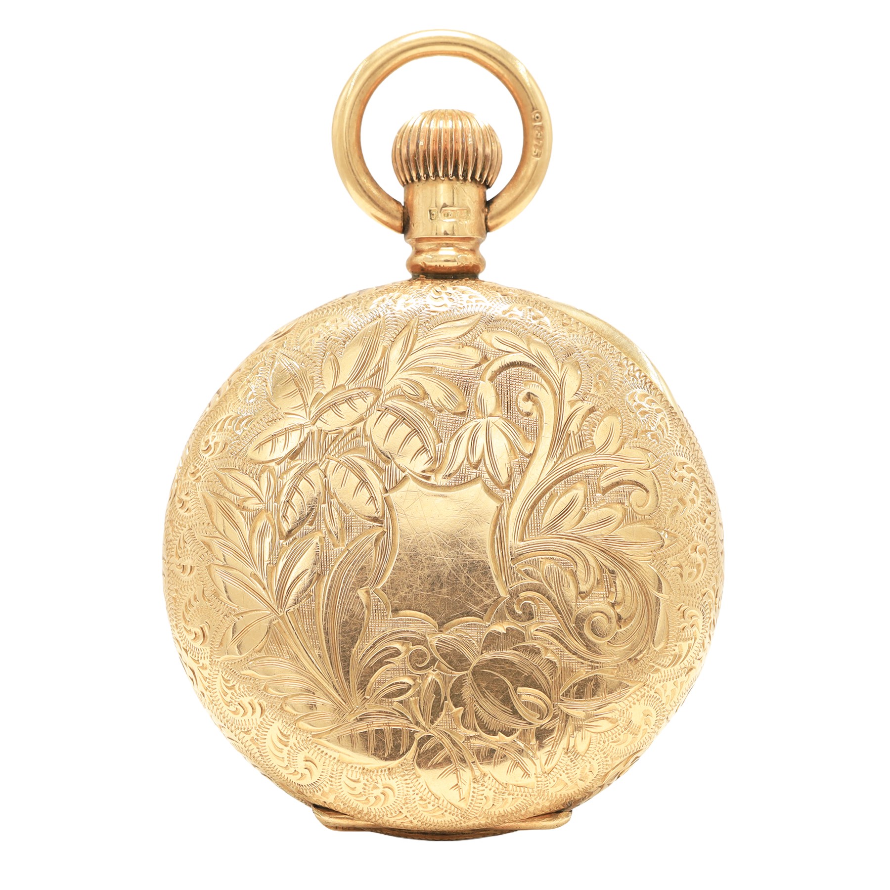 Edwardian 9ct gold open face keyless lever fob watch by Lancashire Watch Company, No. 891012, white enamel dial with Roman numeral hour markers, signed Whitehall, case with engraved foliate decoration, case by Dennison, Birmingham 1911