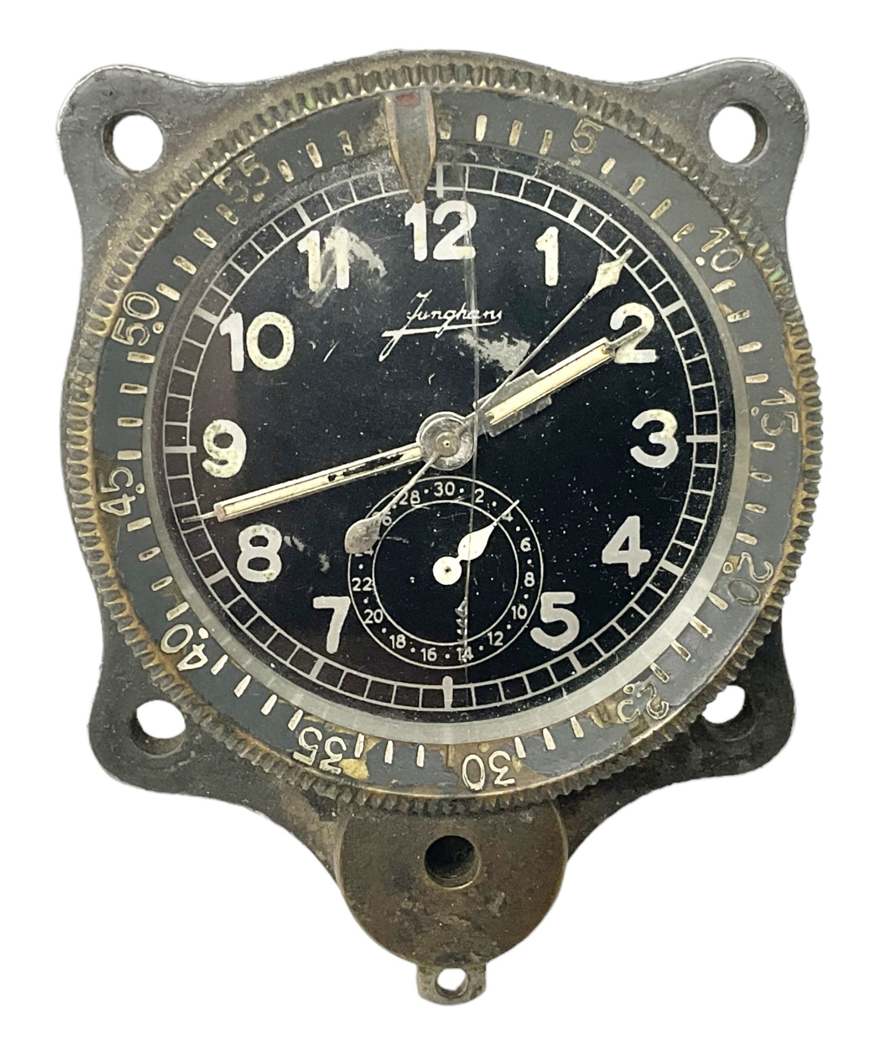 WW2 Jungans Luftwaffe aircraft cockpit clock with luminous centre sweep seconds hand, baton hour and minute hands, regulation 45mm black dial with date recorder, formerly illuminous Arabic numbers and minute track, rotating bezel (seized), going barrel movement with a lever escapement serial No 22901 jewelled to the centre wheel, over-sprung balance with timing  screws, max.H8cm