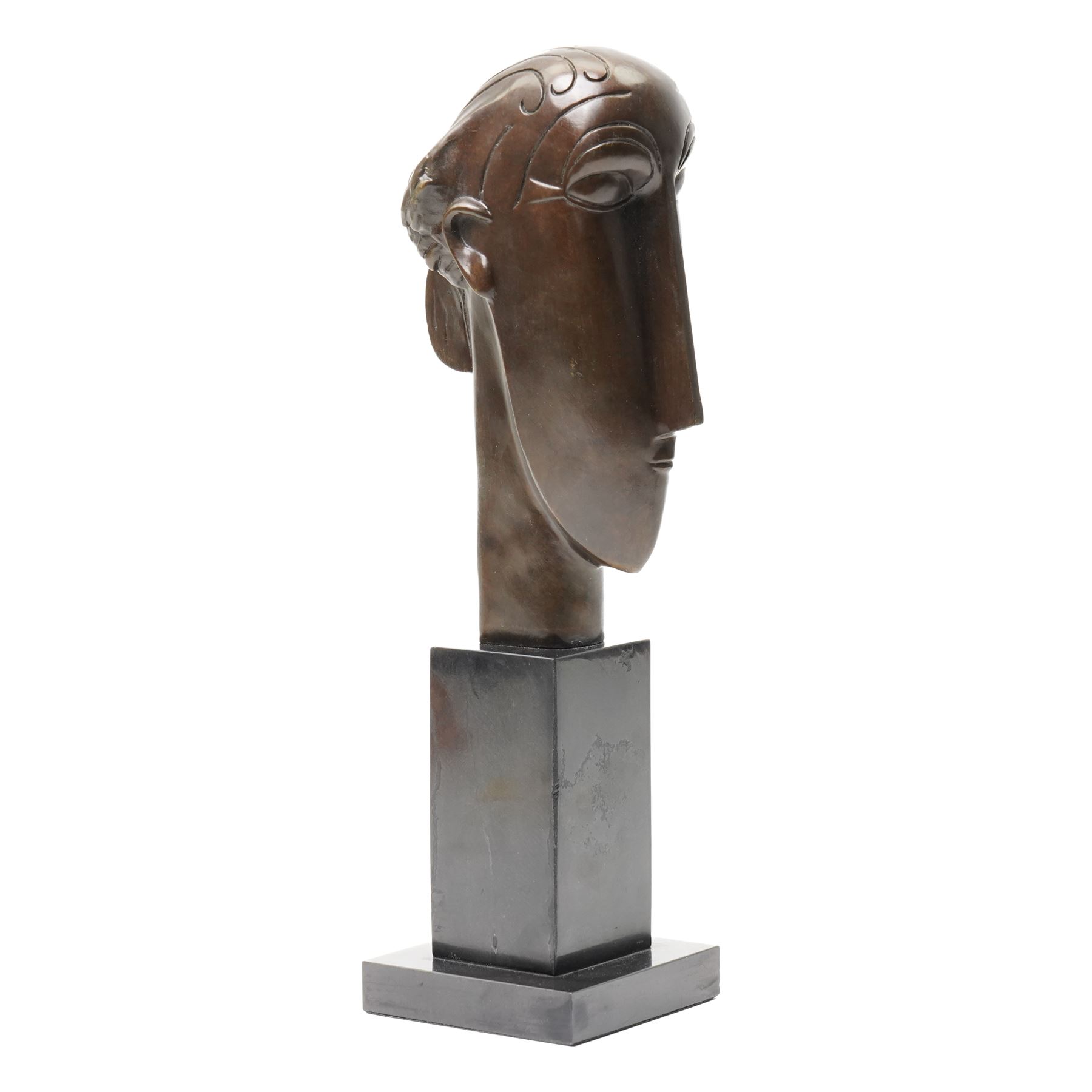 After Amedeo Modigliani (Italian 1884-1920): Head of a Young Woman, bronze on stepped marble plinth, overall H36.5cm
