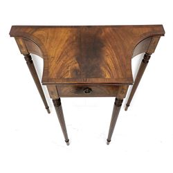 Regency style side table, concave canted form with yew wood band and inlaid panels, fitted with single drawer, turned and reeded tapering supports, transfer label on rear 