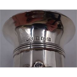 1920s silver trumpet vase, with shaped rim and knopped stem, upon spreading filled foot, H23cm, hallmarked Marson & Jones, Birmingham 1927, together with a smaller example, of faceted form, with dart rim and applied enamel crest, with 'S.S.Orford' inscribed on enamel plaque below, upon stepped filled foot, H12.5cm, hallmarked Mappin & Webb Ltd, Birmingham 1928