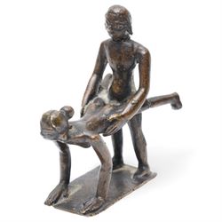 Three Indian school Kama Sutra style erotic bronze figures, H9cm