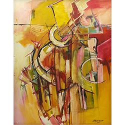 Francis Perera (Sri Lankan 1931-): Geometric Abstract, oil and mixed media on sail canvas signed 80cm x 63cm 
Notes: Perera a noted Sri Lankan artist has had many solo exhibitions both in his home country and overseas. He is a six time winner of the Presidential Award, represented Sri Lanka in Washington DC to commemorate the 50th anniversary of its independence, exhibited at the Royal Commonwealth Society in 2002, and at the 20th International Art Festival in Germany.