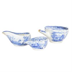 Two early 19th century blue and white transfer printed pap boats, the first example decora...