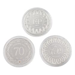 Queen Elizabeth II 2017 '20th November 1947 Platinum Wedding Anniversary' platinum three coin set, comprising Isle of Man, Bailiwick of Jersey and Bailiwick of Guernsey five pound coins, each weighing 39.94 grams minted in 995/1000 platinum, cased with certificate 