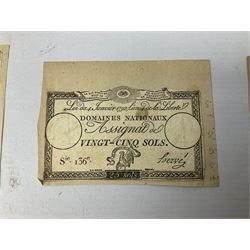 Five French Revolutionary period assignat notes (notes of this type were issued between 1789 and 1796), each mounted on paper