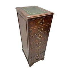 Figured walnut filing cabinet, the moulded top with leather inset, fitted with four drawers, on bracket feet