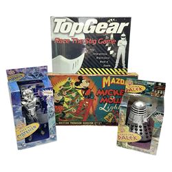 Mazda Mickey Mouse Lights by The British Thomson-Houston Co. Ltd.; boxed; unopened Top Gear Race The Stig game; Dr. Who Talking Cyberman; and Dr. Who Talking Dalek; both boxed (4)