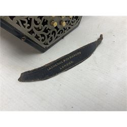 19th century Lachenal concertina of hexagonal form with fretworked nickel ends and thirty-four plus one bone buttons; straps marked Lachenal & Co Makers London and wooden handle stamped English Make Trade Mark L16cm