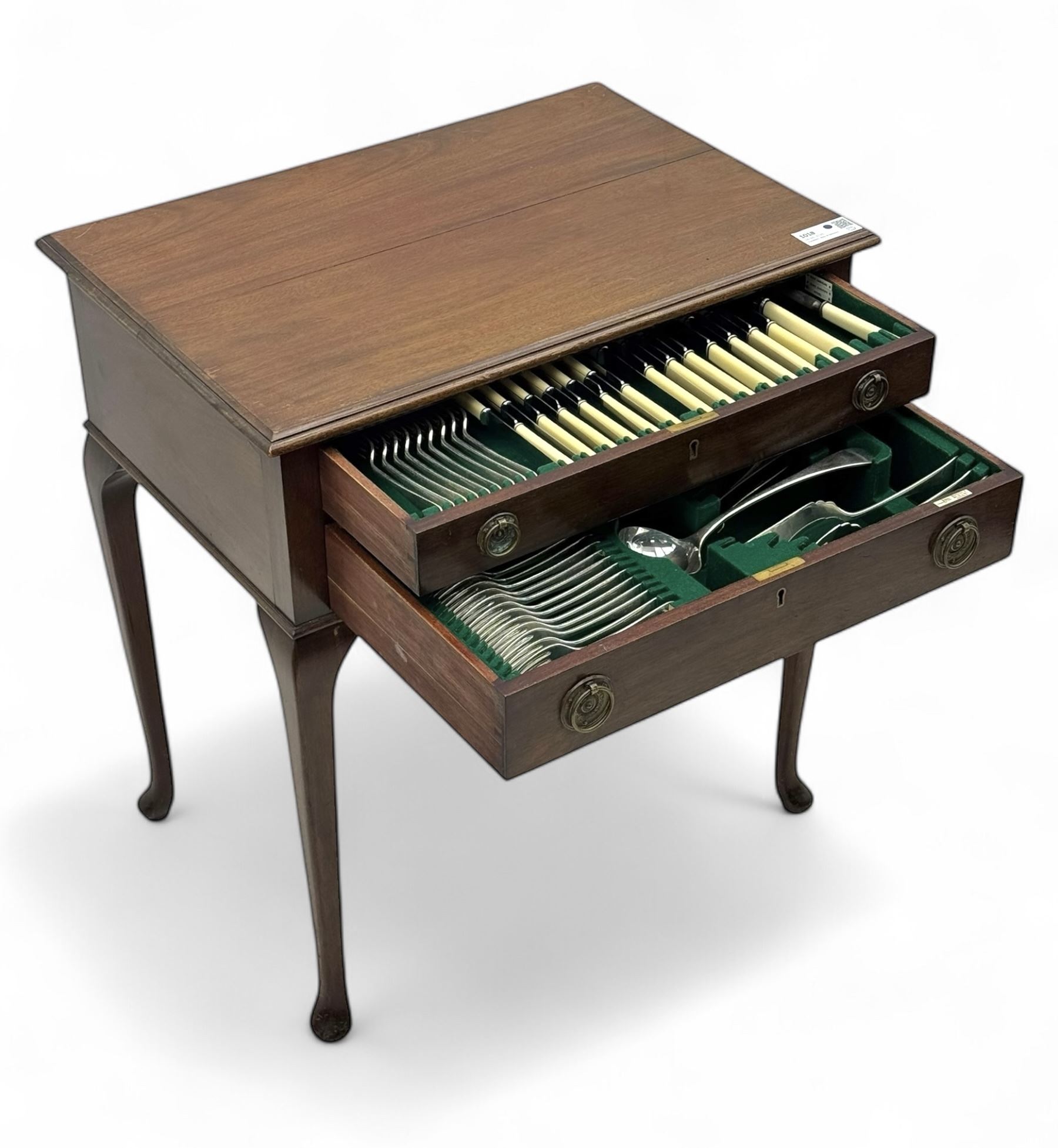 Walker & Hall - Edwardian mahogany canteen, rectangular top with moulded edges, two drawers enclosing silver plated cutlery, raised on cabriole supports 