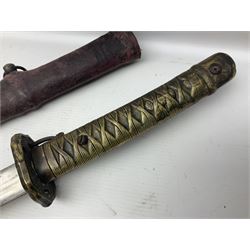 Copy of a WWII Japanese NCO sword, the 65cm slightly curving blade stamped with pseudo Japanese characters and cast brass simulated cord bound grip; in officer's leather bound field scabbard L97cm overall