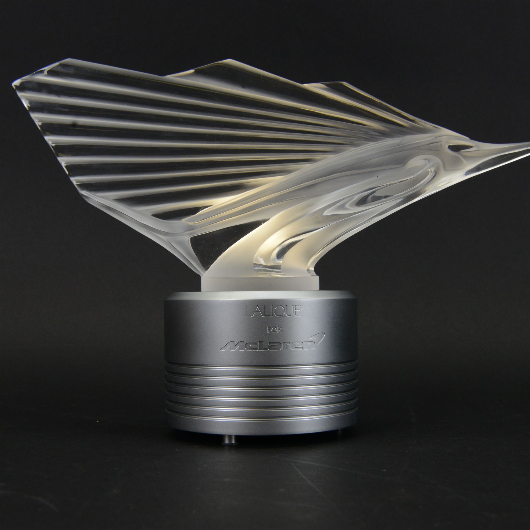 Lalique Sailfish mascot, from the  Essence of Speed collection in collaboration with McLaren in 2020, with a lightbox stand marked Lalique for McLaren, limited edition 73/375, with certificate and original box  