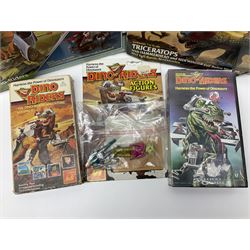 Dino-Riders 1980s by Tyco Action-GT, Stegosaurus with Tark and Vega Heroic Dino-Riders; Triceratops with Hammerhead and Sidewinder Evil Rulon Warriors; and Struthiomimus with Nimbus Heroic Dino-Rider; all boxed; two Action Figures, re-bagged on original card backing; and two VHS video tapes (6)