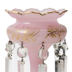 Pair of Victorian opaque glass vases painted with small landscape circular panels in blue and with flowers and leaves H33cm and a Victorian mantel vase hung with lustre drops H30cm (3)
