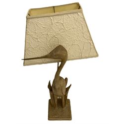 Carved composite seated heron table lamp, with shade
