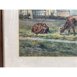 GWR (British Early 20th century): Cattle Grazing in a Town-side Pasture, pair watercolour signed and dated 1910/1912, 28cm x 38cm (2)
