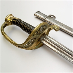 Early 19th century French Officer's sword, 85cm double edged triple fullered blade inscribed with French armourer's mark and dated 1816, brass hilt by Rouart a Paris (1825-1850) with open foliate decoration and ebony grip, steel scabbard, overall 102cm