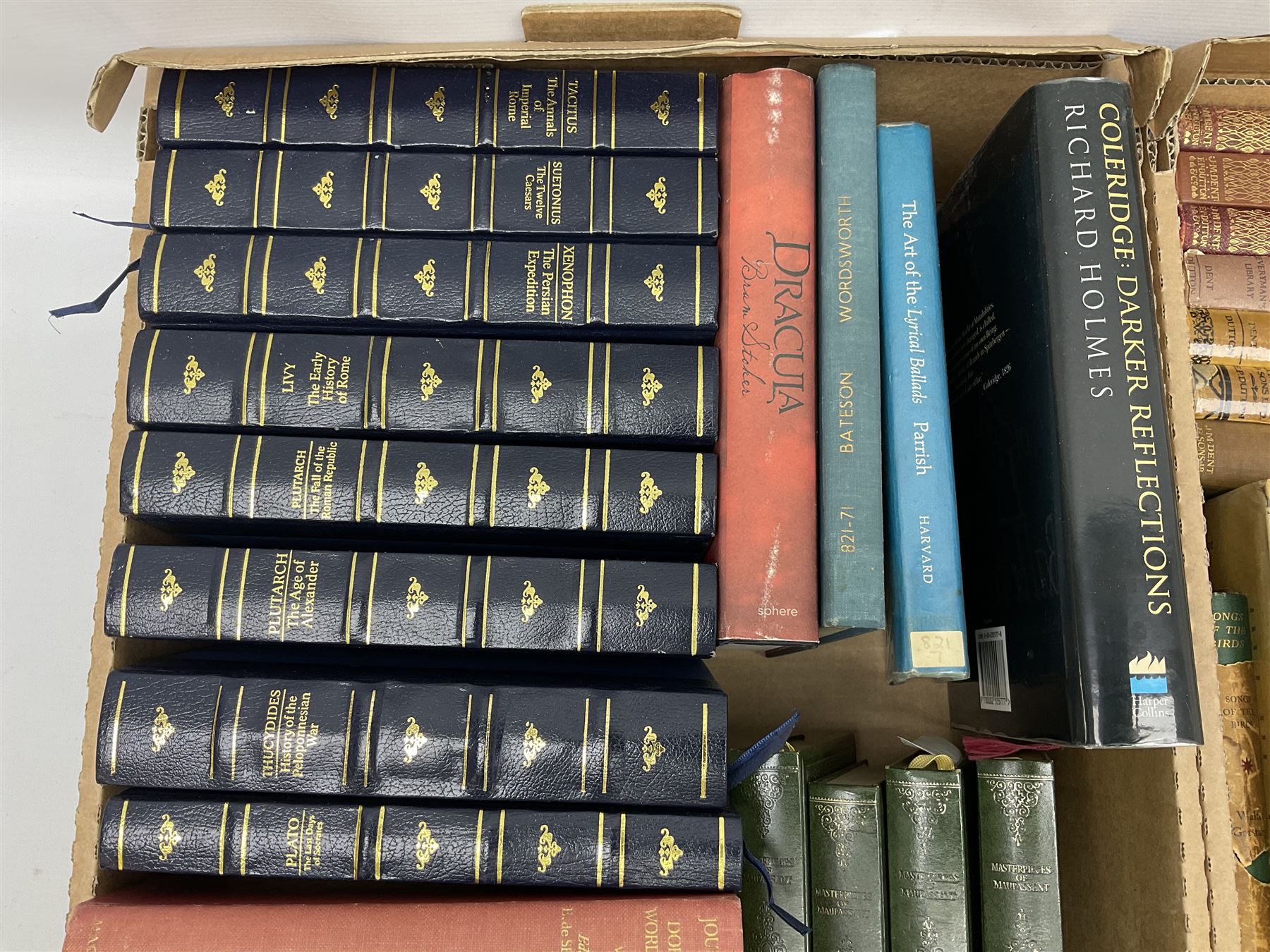 Quantity of early 20th century and later books to include leather and cloth bound examples, to include examples published by J.M Dent & Co, W.M Thackeray, Collins, Poems by Tennyson, etc, many with gilt detailing, in two boxes
